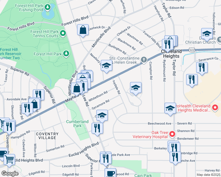 map of restaurants, bars, coffee shops, grocery stores, and more near 3201 Whitethorn Road in Cleveland Heights