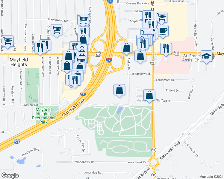 map of restaurants, bars, coffee shops, grocery stores, and more near 6505 Marsol Road in Mayfield Heights