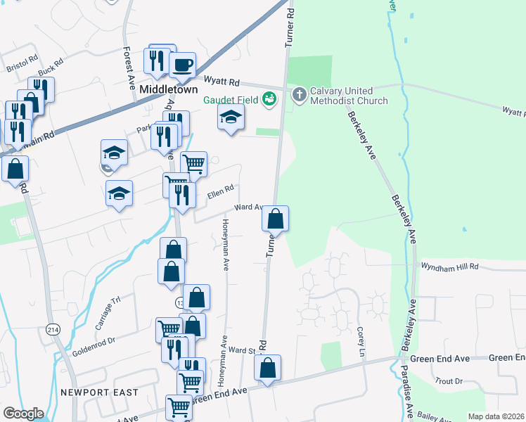map of restaurants, bars, coffee shops, grocery stores, and more near 333 Turner Road in Middletown