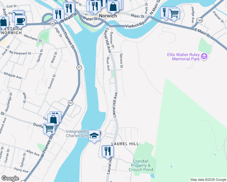 map of restaurants, bars, coffee shops, grocery stores, and more near 187 Laurel Hill Avenue in Norwich