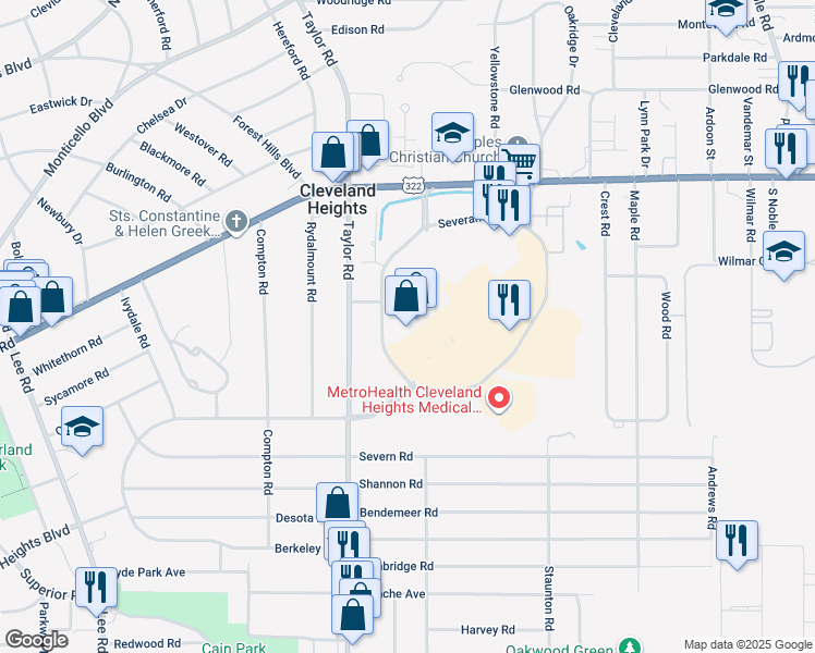 map of restaurants, bars, coffee shops, grocery stores, and more near 3628 Mayfield Road in Cleveland Heights