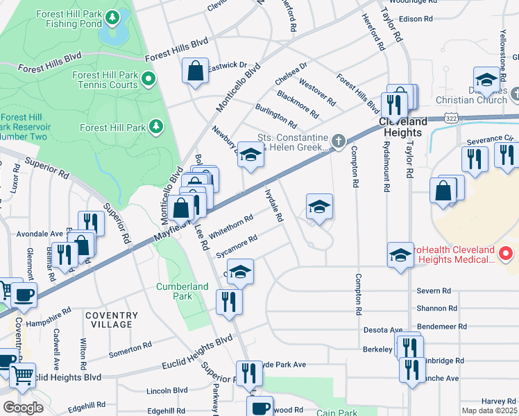 map of restaurants, bars, coffee shops, grocery stores, and more near in Cleveland Heights