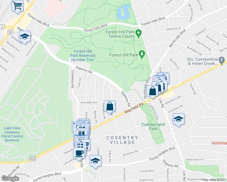 map of restaurants, bars, coffee shops, grocery stores, and more near 14128 Superior Road in East Cleveland