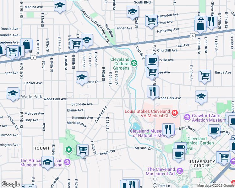 map of restaurants, bars, coffee shops, grocery stores, and more near 1453 East 94th Street in Cleveland