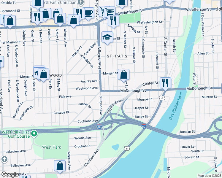 map of restaurants, bars, coffee shops, grocery stores, and more near 311 South Willow Avenue in Joliet