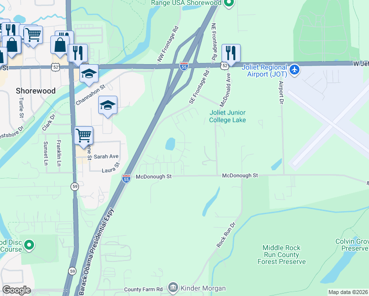 map of restaurants, bars, coffee shops, grocery stores, and more near 255 Timber Ridge Court in Joliet