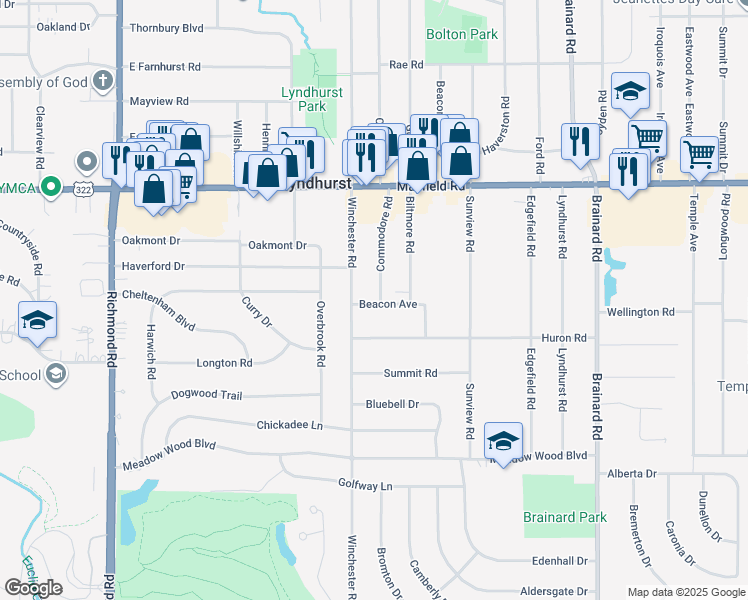 map of restaurants, bars, coffee shops, grocery stores, and more near 1576 Commodore Road in Lyndhurst