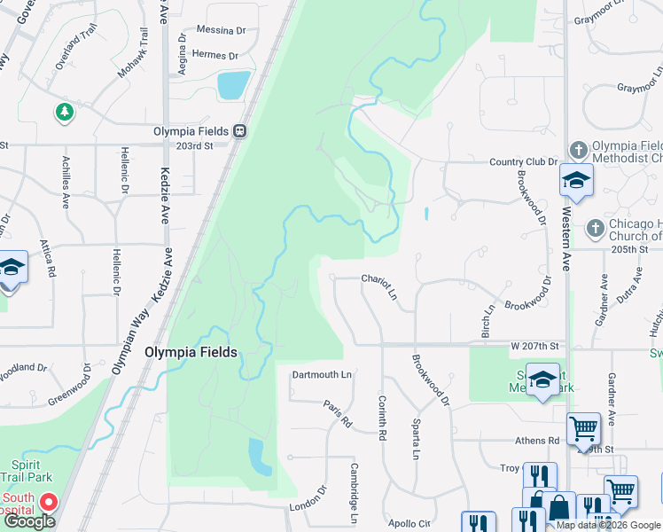 map of restaurants, bars, coffee shops, grocery stores, and more near 2833 Chariot Lane in Olympia Fields