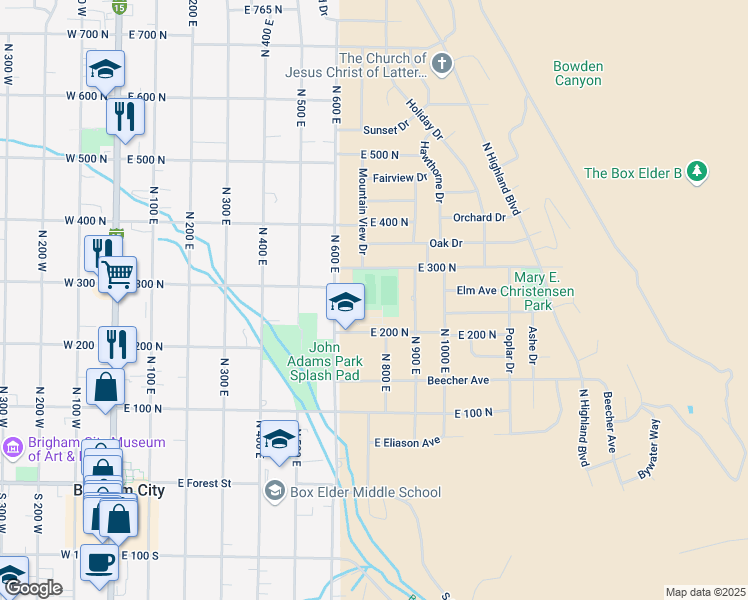 map of restaurants, bars, coffee shops, grocery stores, and more near 641 East 200 North in Brigham City