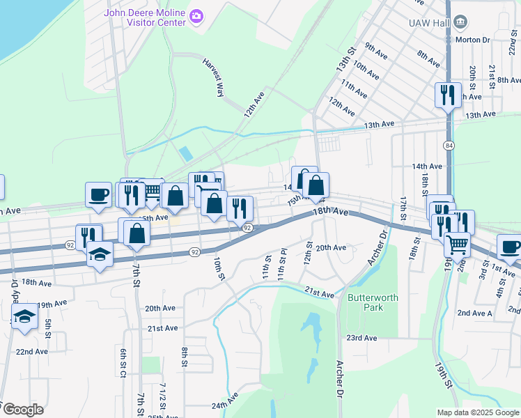 map of restaurants, bars, coffee shops, grocery stores, and more near 1103 14th Ave in East Moline