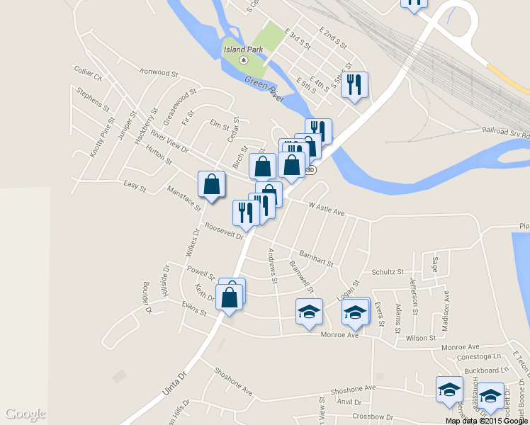 map of restaurants, bars, coffee shops, grocery stores, and more near 350 Uinta Drive in Green River
