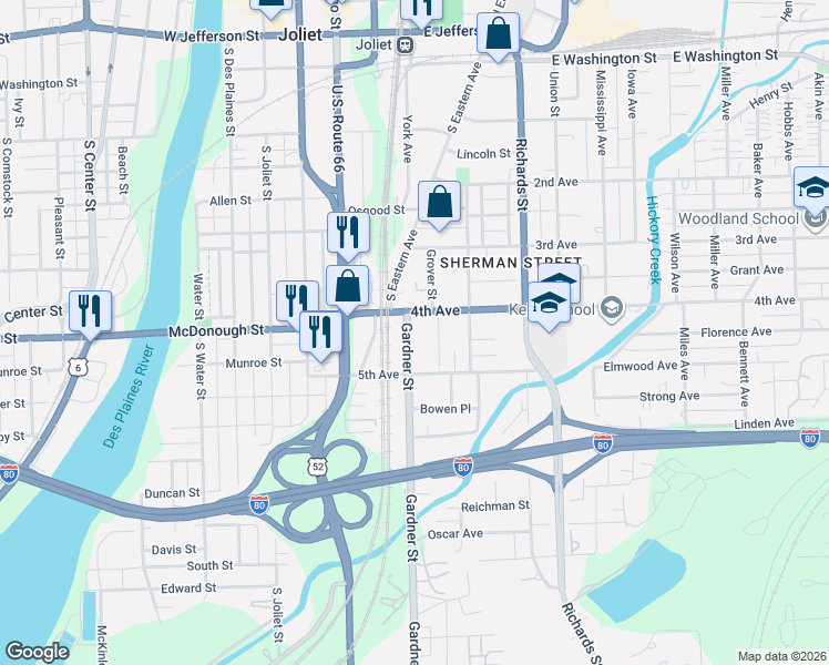 map of restaurants, bars, coffee shops, grocery stores, and more near 408 Gardner Street in Joliet