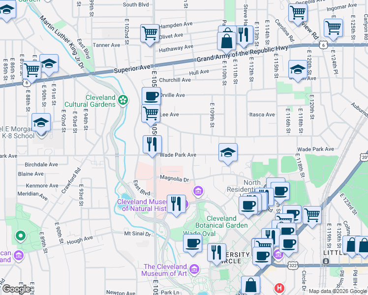 map of restaurants, bars, coffee shops, grocery stores, and more near 1515 East 107th Street in Cleveland