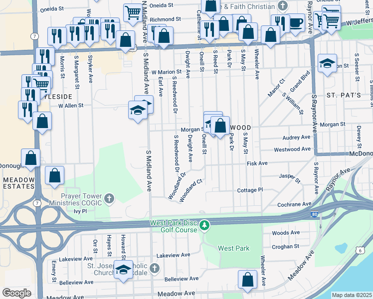 map of restaurants, bars, coffee shops, grocery stores, and more near 307 Dwight Avenue in Joliet