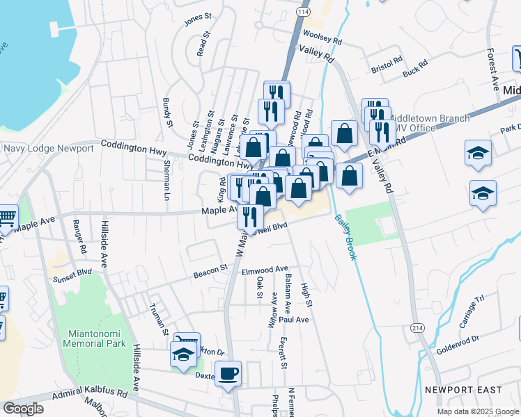 map of restaurants, bars, coffee shops, grocery stores, and more near in Middletown