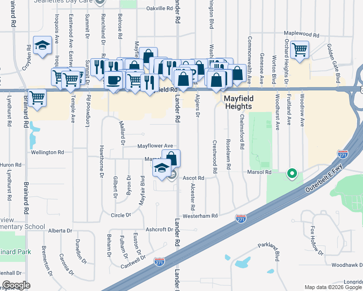 map of restaurants, bars, coffee shops, grocery stores, and more near 1592 Lander Road in Mayfield Heights