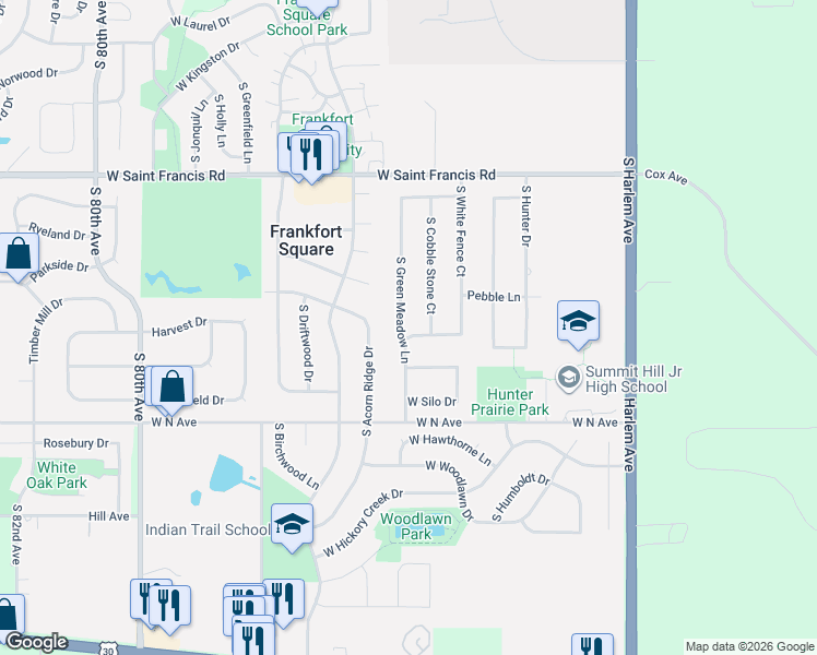 map of restaurants, bars, coffee shops, grocery stores, and more near 7542 West Wishing Well Drive in Frankfort