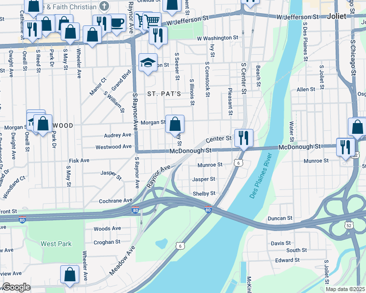 map of restaurants, bars, coffee shops, grocery stores, and more near 609 McDonough Street in Joliet