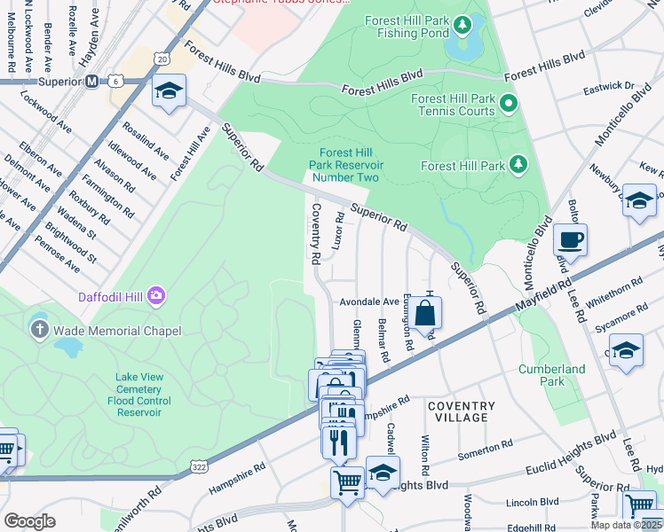 map of restaurants, bars, coffee shops, grocery stores, and more near 1585 Coventry Road in East Cleveland