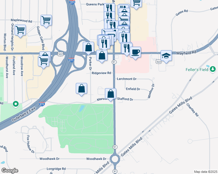 map of restaurants, bars, coffee shops, grocery stores, and more near 1596 Som Center Road in Mayfield Heights