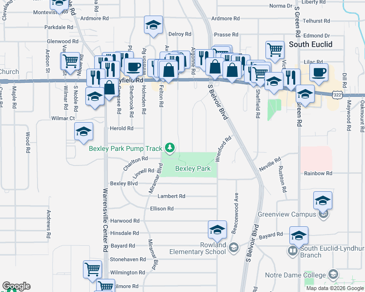 map of restaurants, bars, coffee shops, grocery stores, and more near 1575 Maplegrove Road in South Euclid