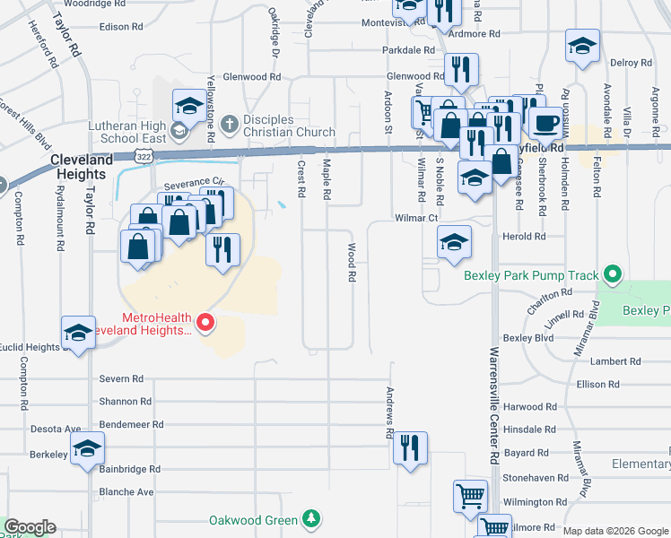 map of restaurants, bars, coffee shops, grocery stores, and more near 1577 Maple Road in Cleveland Heights