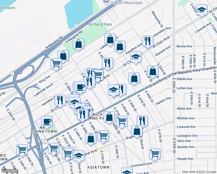 map of restaurants, bars, coffee shops, grocery stores, and more near 1365 East 43rd Street in Cleveland