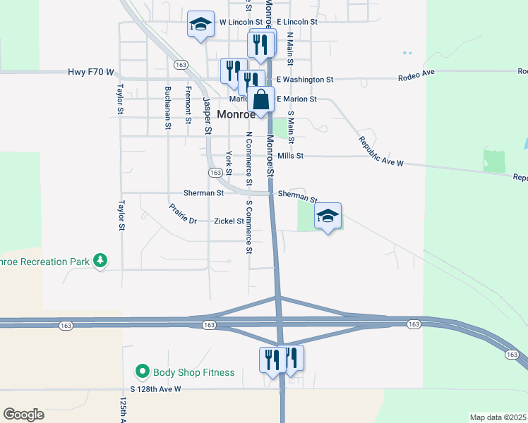 map of restaurants, bars, coffee shops, grocery stores, and more near 100 Sherman Street in Monroe