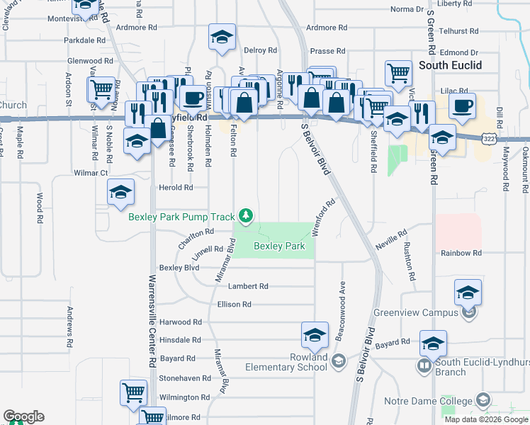 map of restaurants, bars, coffee shops, grocery stores, and more near 1575 Maplegrove Road in South Euclid