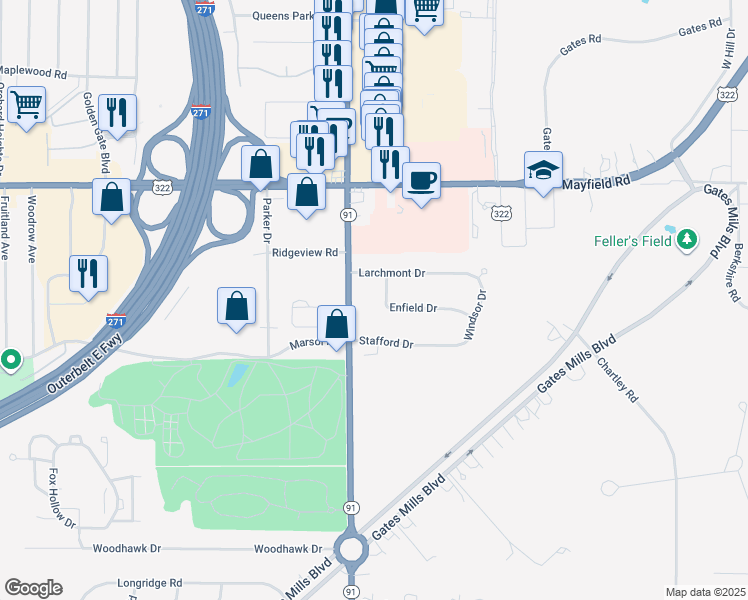 map of restaurants, bars, coffee shops, grocery stores, and more near 6700 Larchmont Drive in Cleveland