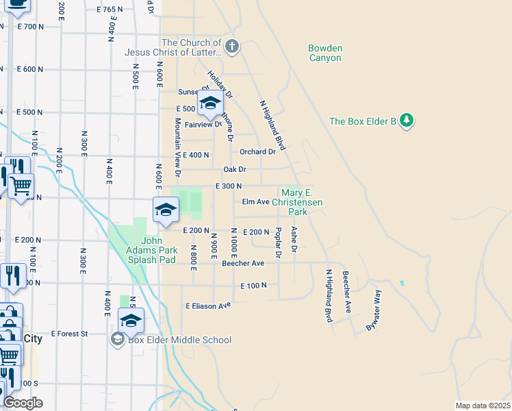 map of restaurants, bars, coffee shops, grocery stores, and more near 1048 Elm Avenue in Brigham City