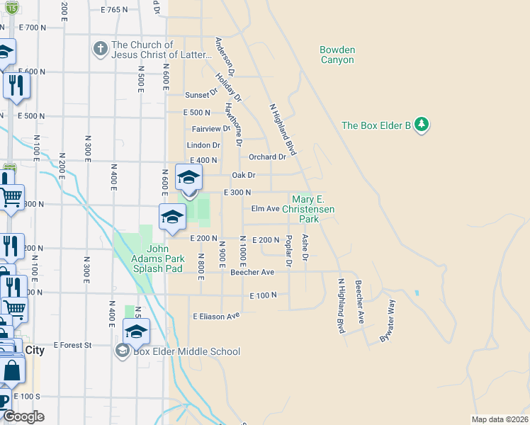 map of restaurants, bars, coffee shops, grocery stores, and more near 1048 Elm Avenue in Brigham City