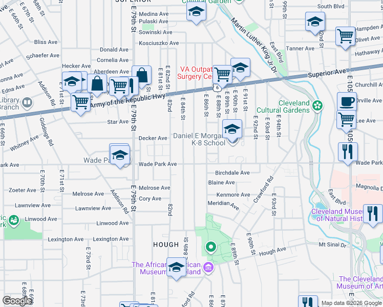 map of restaurants, bars, coffee shops, grocery stores, and more near 1415 East 85th Street in Cleveland