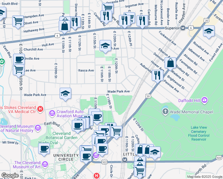 map of restaurants, bars, coffee shops, grocery stores, and more near 11713 Ashbury Avenue in Cleveland