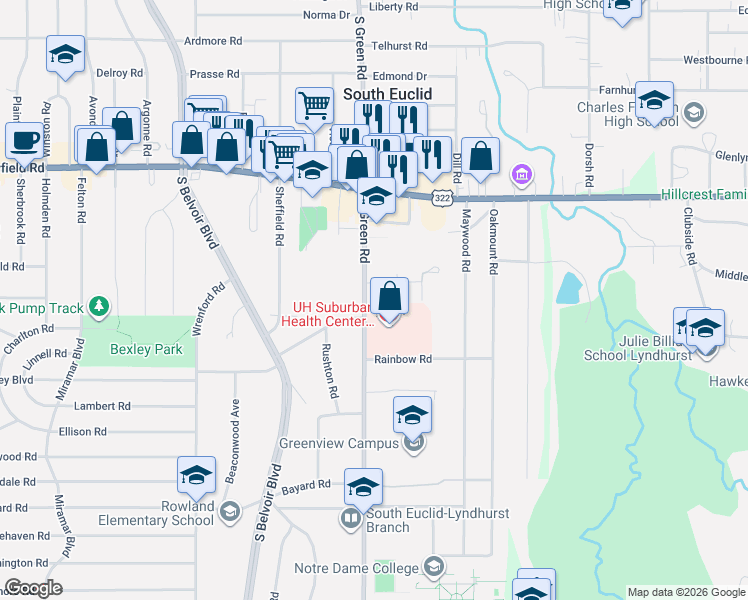 map of restaurants, bars, coffee shops, grocery stores, and more near 4477 Ardendale Road in South Euclid