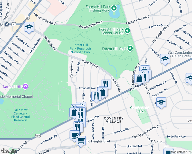 map of restaurants, bars, coffee shops, grocery stores, and more near 1537 Belmar Road in East Cleveland