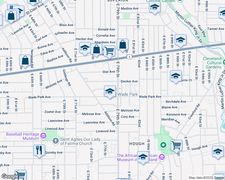 map of restaurants, bars, coffee shops, grocery stores, and more near 7806 Redell Avenue in Cleveland