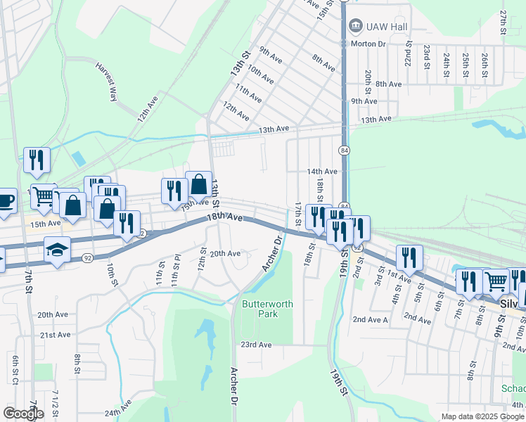 map of restaurants, bars, coffee shops, grocery stores, and more near 1414 15th Avenue in East Moline