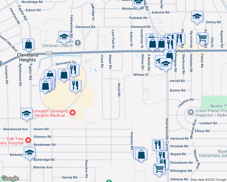 map of restaurants, bars, coffee shops, grocery stores, and more near 1577 Maple Road in Cleveland Heights