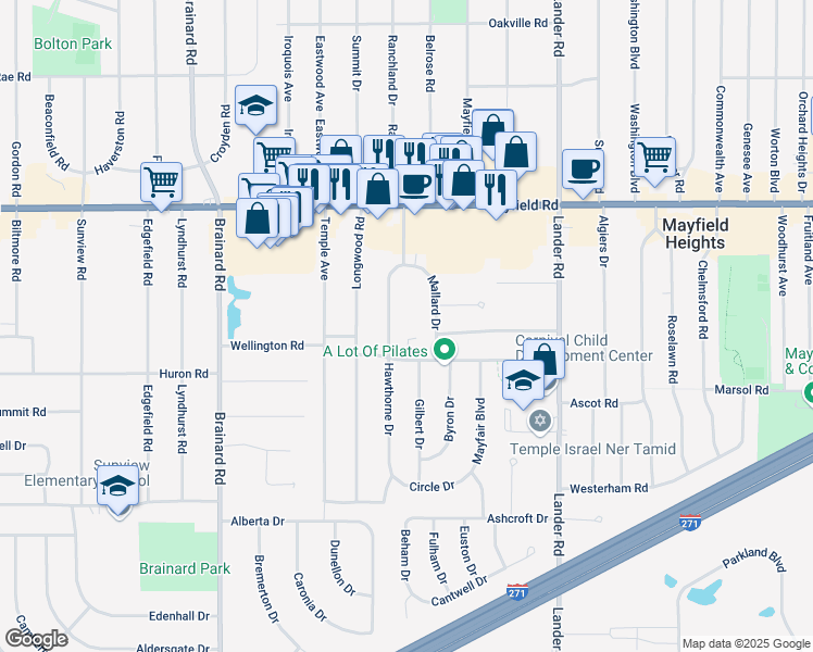 map of restaurants, bars, coffee shops, grocery stores, and more near 1613 Hawthorne Drive in Mayfield Heights