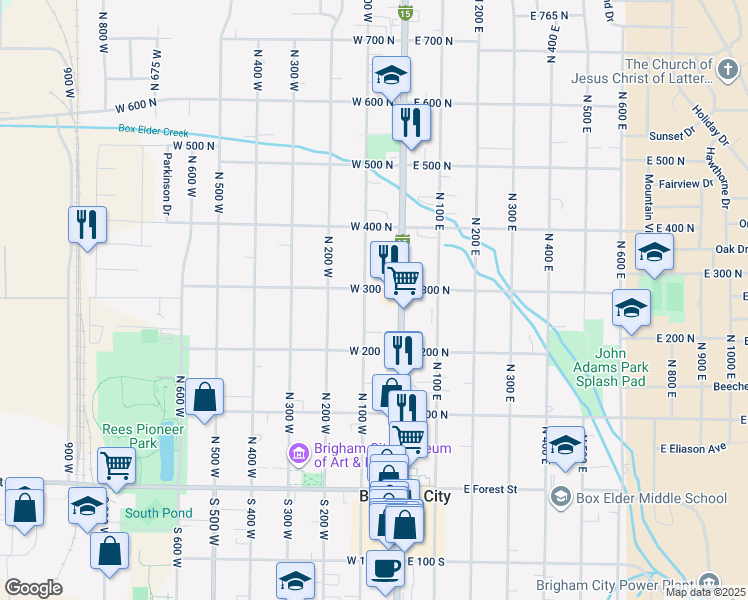 map of restaurants, bars, coffee shops, grocery stores, and more near 50 West 300 North in Brigham City