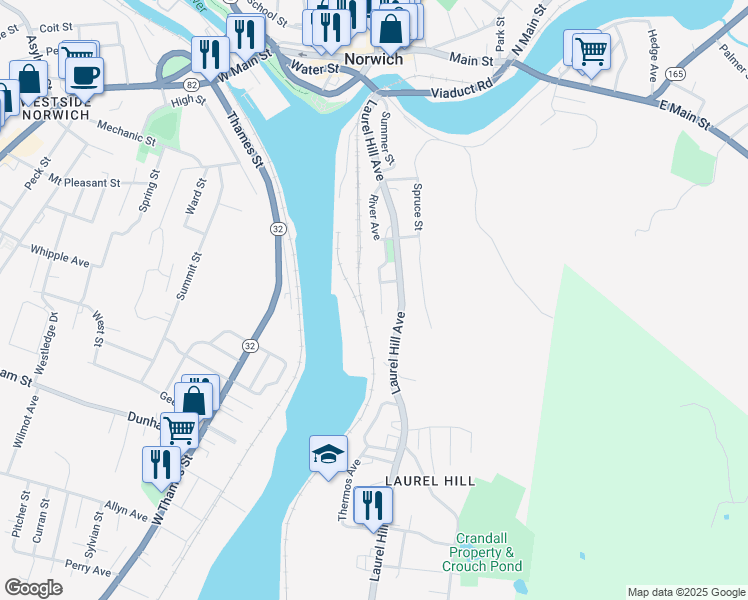 map of restaurants, bars, coffee shops, grocery stores, and more near 103 River Avenue in Norwich
