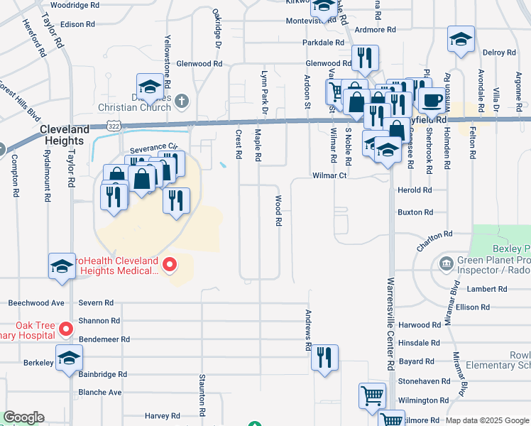 map of restaurants, bars, coffee shops, grocery stores, and more near 1577 Maple Road in Cleveland Heights