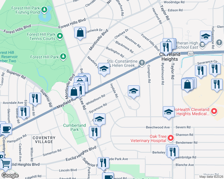 map of restaurants, bars, coffee shops, grocery stores, and more near 1557 Ivydale Road in Cleveland Heights