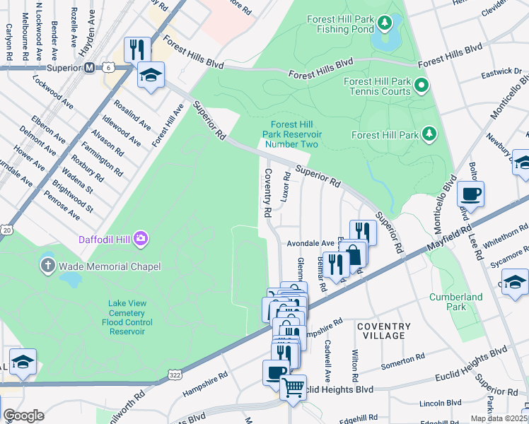 map of restaurants, bars, coffee shops, grocery stores, and more near 1566 Coventry Road in East Cleveland