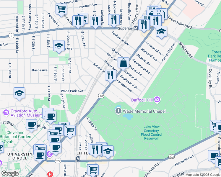 map of restaurants, bars, coffee shops, grocery stores, and more near 12538 Euclid Avenue in East Cleveland