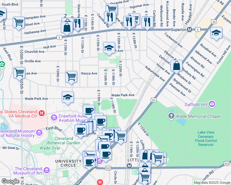 map of restaurants, bars, coffee shops, grocery stores, and more near 11713 Ashbury Avenue in Cleveland