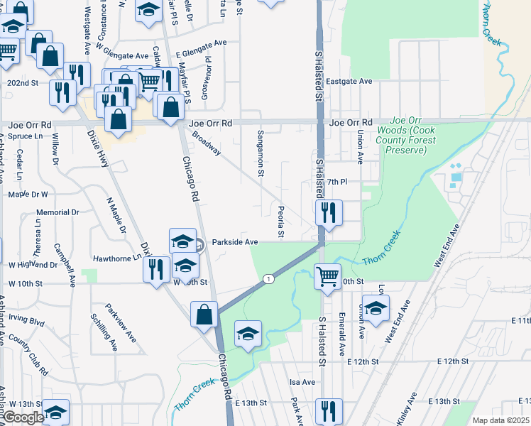 map of restaurants, bars, coffee shops, grocery stores, and more near 144 Broadway in Chicago Heights