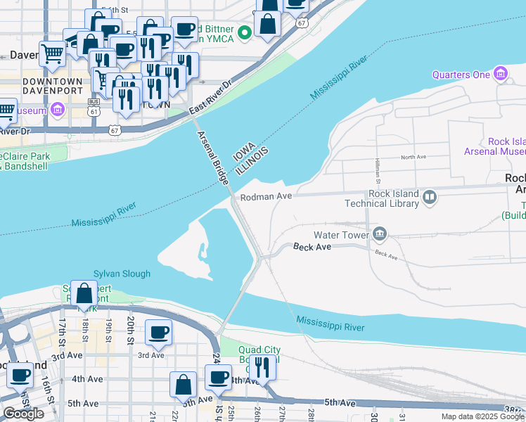 map of restaurants, bars, coffee shops, grocery stores, and more near 333 Rodman Avenue in Rock Island