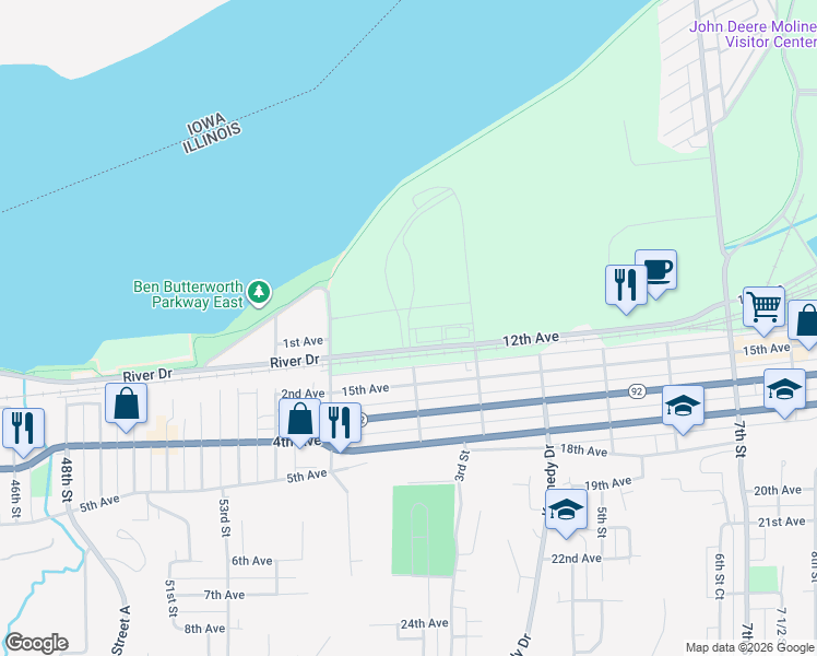 map of restaurants, bars, coffee shops, grocery stores, and more near 900 Bend Boulevard in East Moline